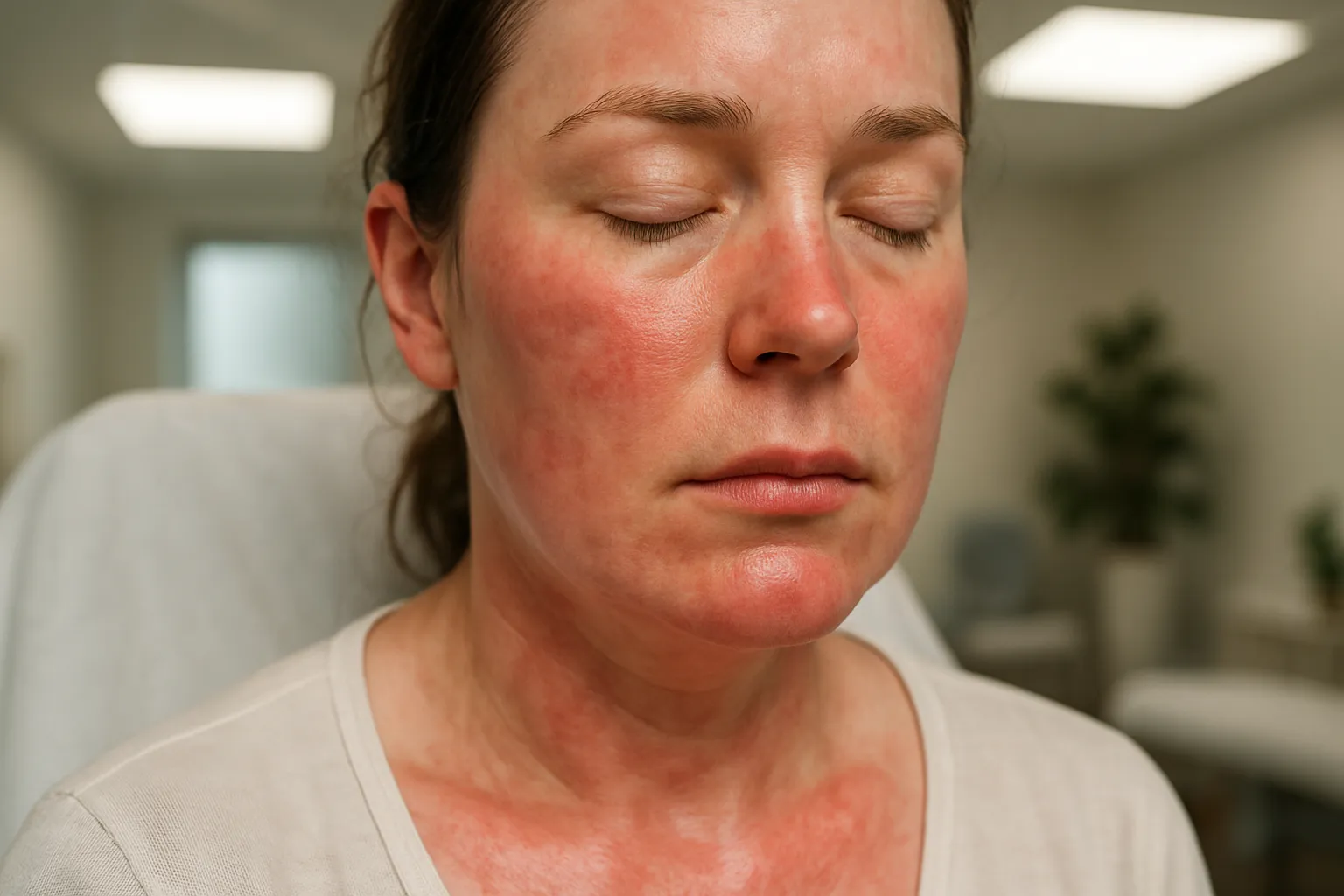 Close-up de rosto mostrando sintomas cutâneos de intolerância à histamina incluindo vermelhidão facial, urticária e leve inchaço periorbital, demonstrando manifestações dermatológicas