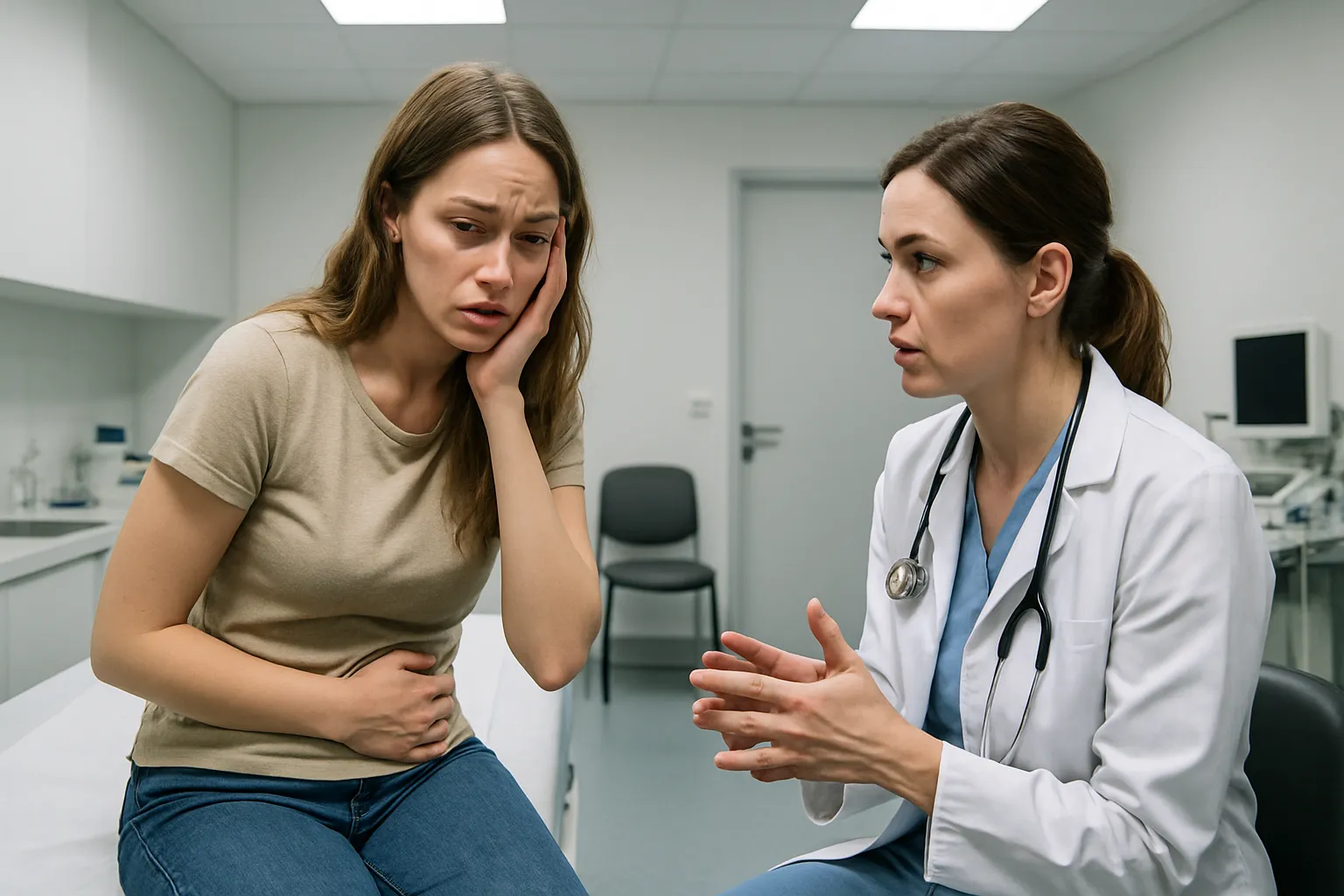 Paciente em consulta médica discutindo sintomas de hiperprolactinemia como alterações menstruais e mudanças hormonais causadas por medicamentos