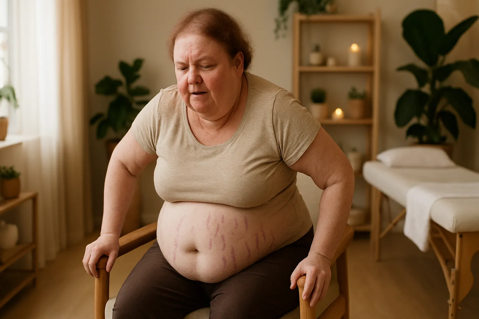 Demonstração visual dos sintomas característicos da síndrome de Cushing incluindo face em lua cheia, distribuição central de gordura e fraqueza muscular