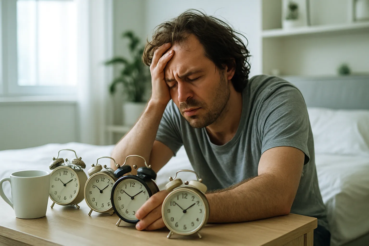 Pessoa lutando para acordar na manhã de segunda-feira com múltiplos despertadores e café, mostrando sinais claros de exaustão e névoa mental