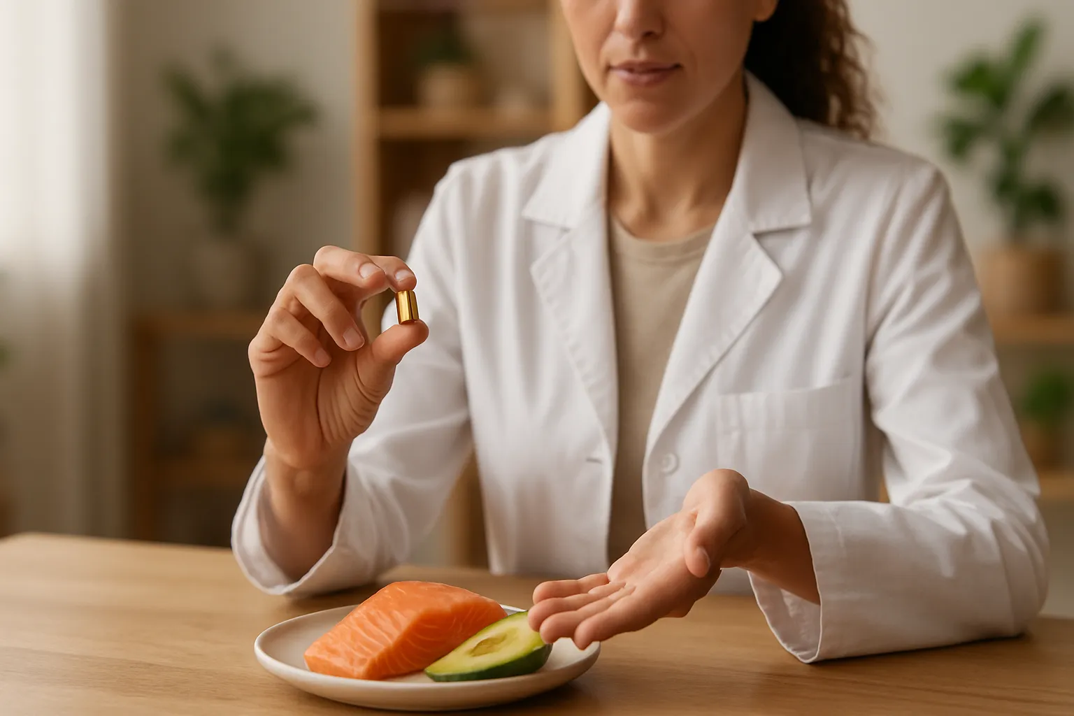 Nutricionista demonstrando suplementação correta de vitamina D com gorduras saudáveis como salmão e abacate para melhor absorção