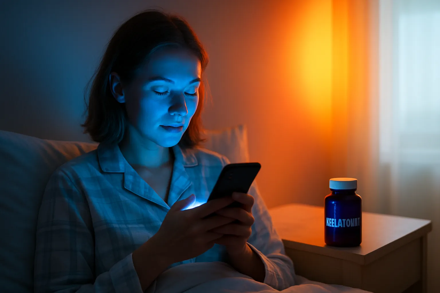 Pessoa usando smartphone à noite com luz azul visível afetando a produção natural de melatonina e ritmo circadiano