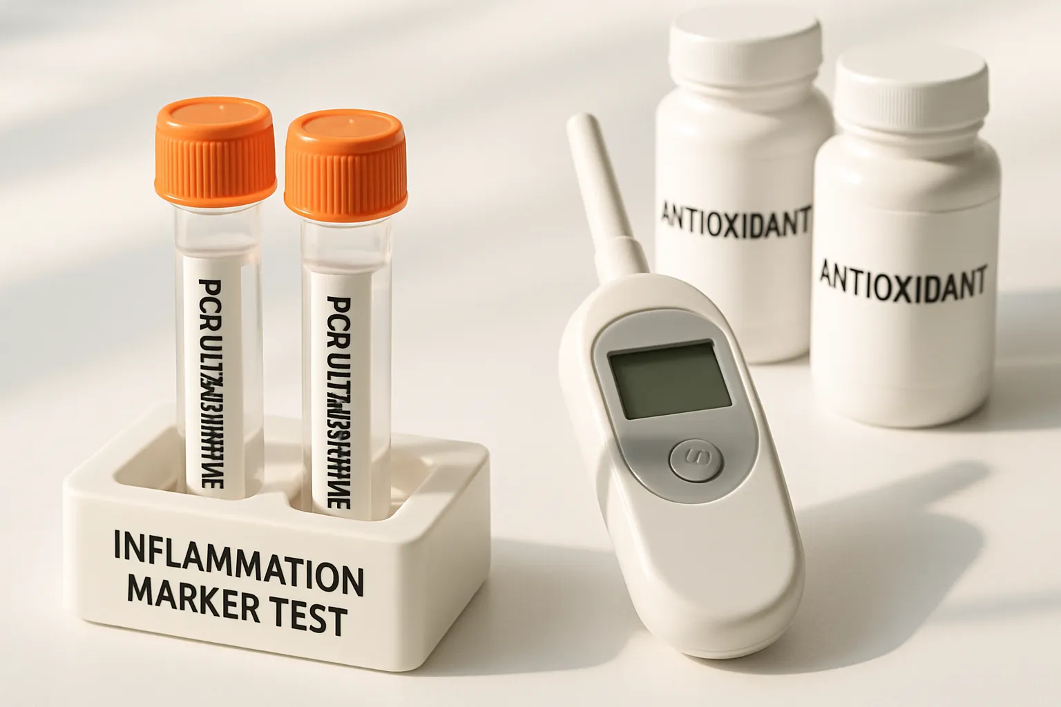Kit de teste de marcadores inflamatórios mostrando tubos de PCR ultrassensível e ferramentas de medição de estresse oxidativo causado por microplásticos