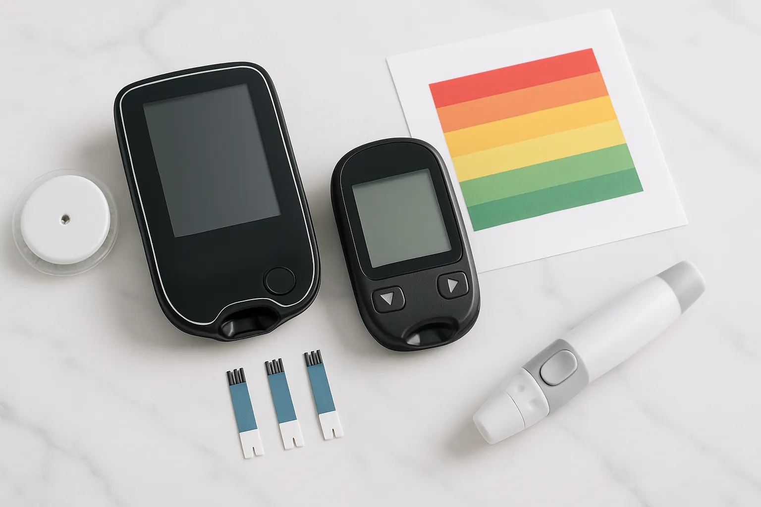 Equipamentos de monitoramento de glicose e testes de hemoglobina glicada dispostos sobre superfície de mármore, ilustrando marcadores de sensibilidade à insulina