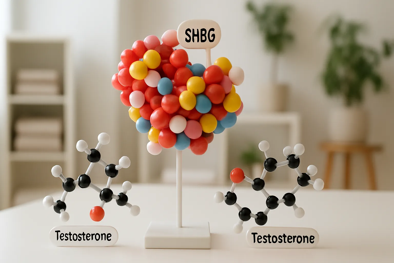 Modelo educacional demonstrando como a proteína SHBG se liga à testosterona tornando-a indisponível para uso celular