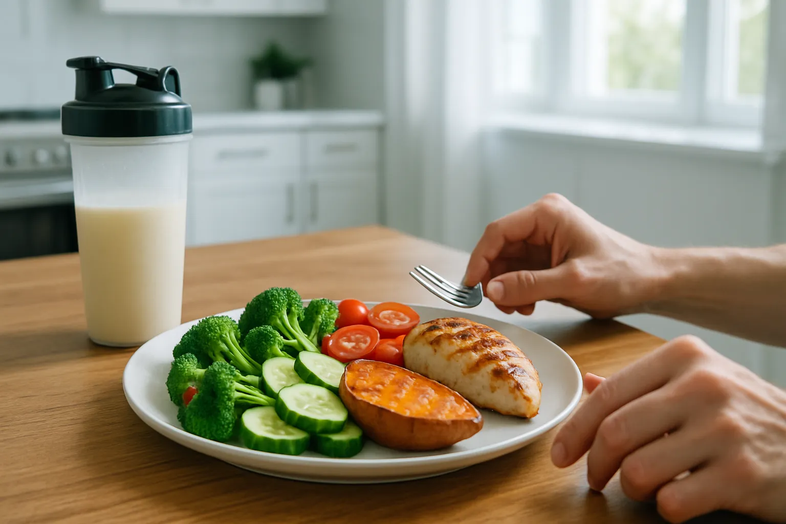Mesa de cozinha moderna com refeição pós-treino balanceada contendo proteínas, carboidratos e vegetais frescos para recuperação adequada