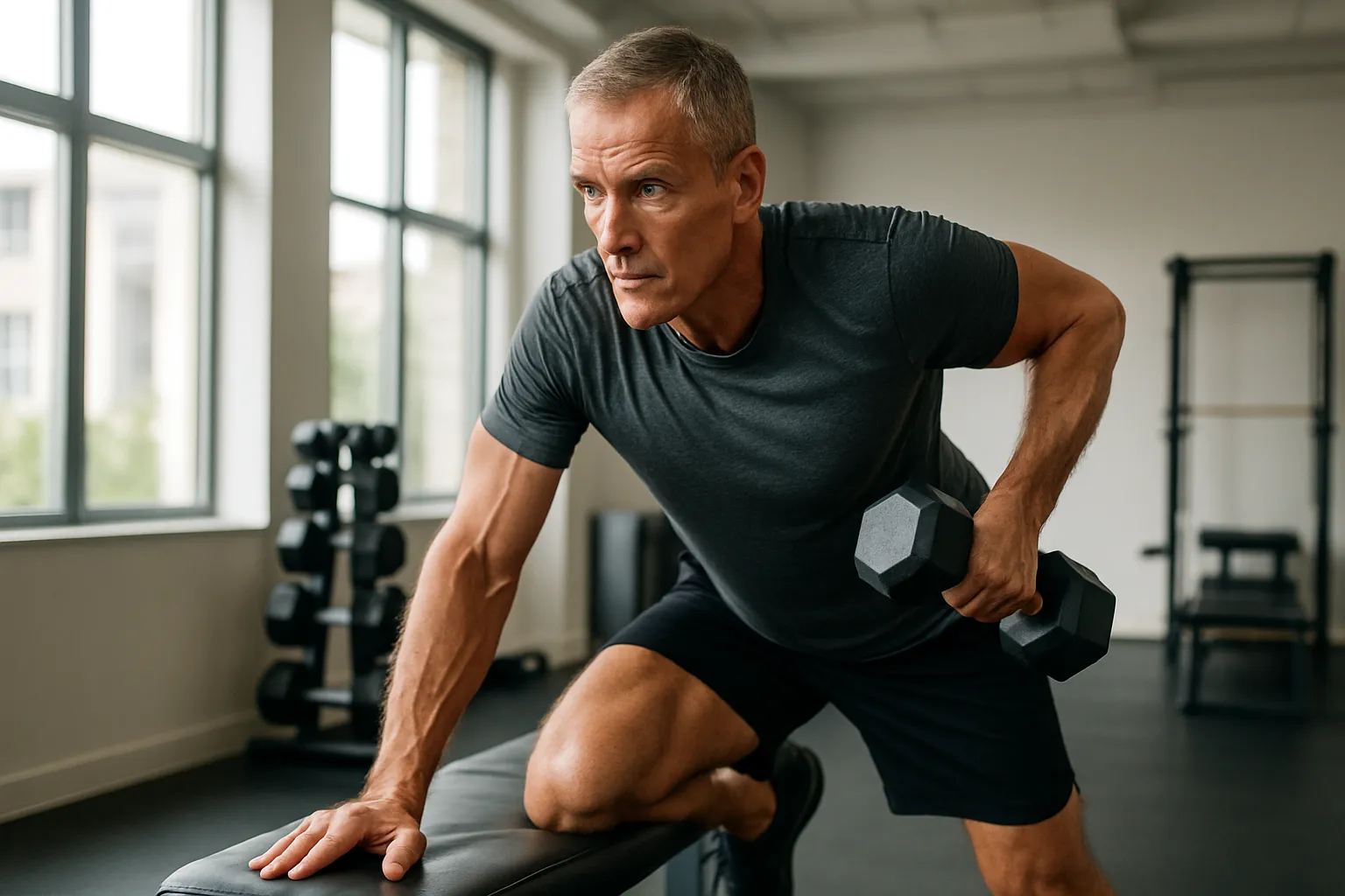Homem maduro realizando exercício de musculação com halteres para fortalecimento ósseo em estúdio wellness