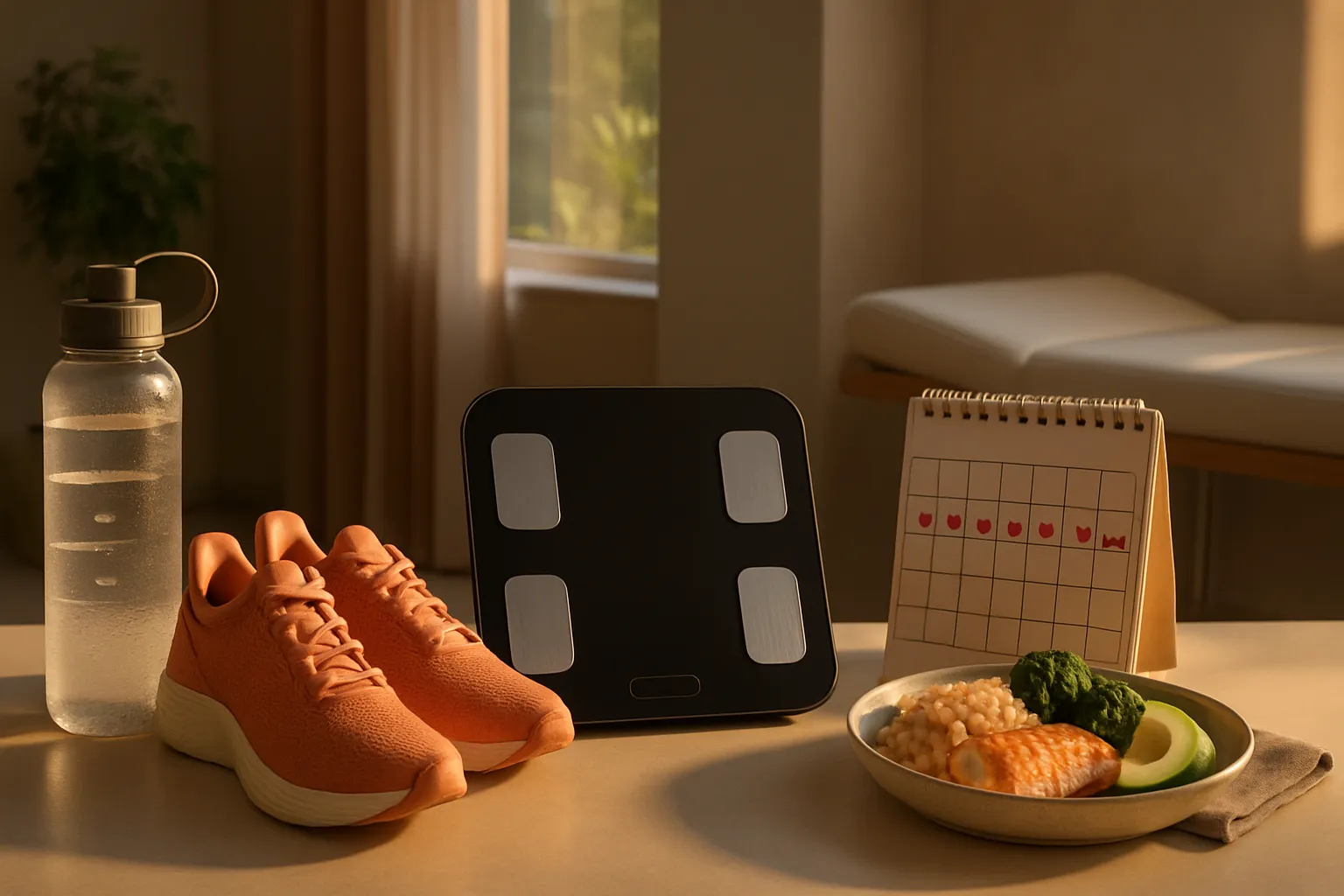 Representação visual dos principais fatores que influenciam as medições de bioimpedância: hidratação, exercício, ciclo hormonal e alimentação