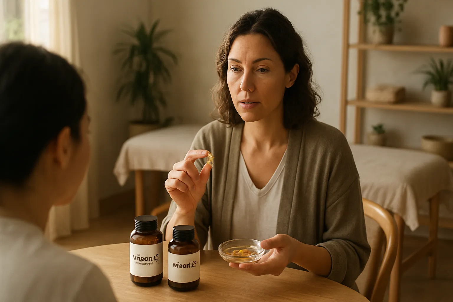 Especialista demonstrando diferentes formas de vitamina E durante avaliação personalizada de suplementação