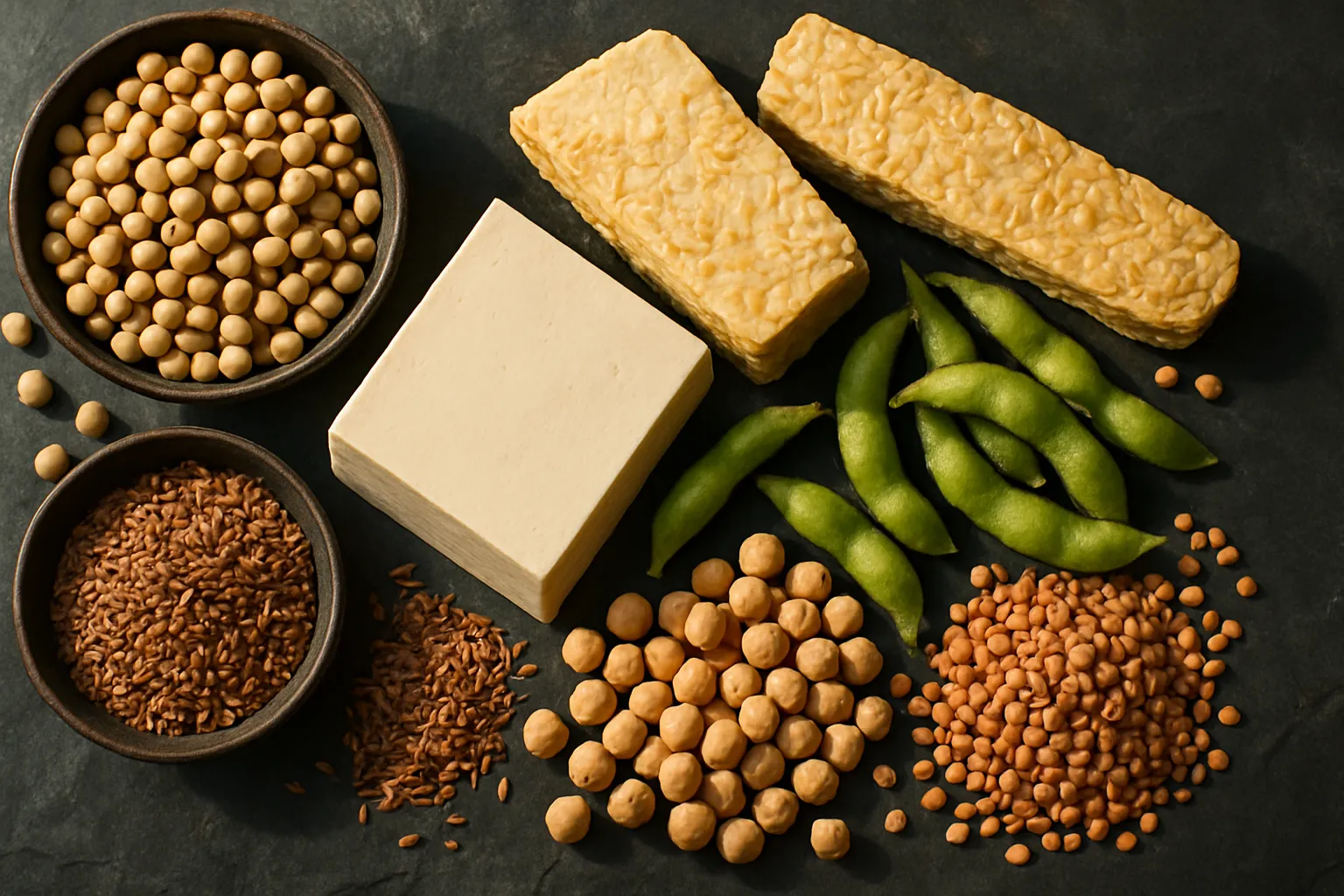 Variedade de alimentos ricos em fitoestrogênios incluindo soja, tofu, tempeh, linhaça e leguminosas