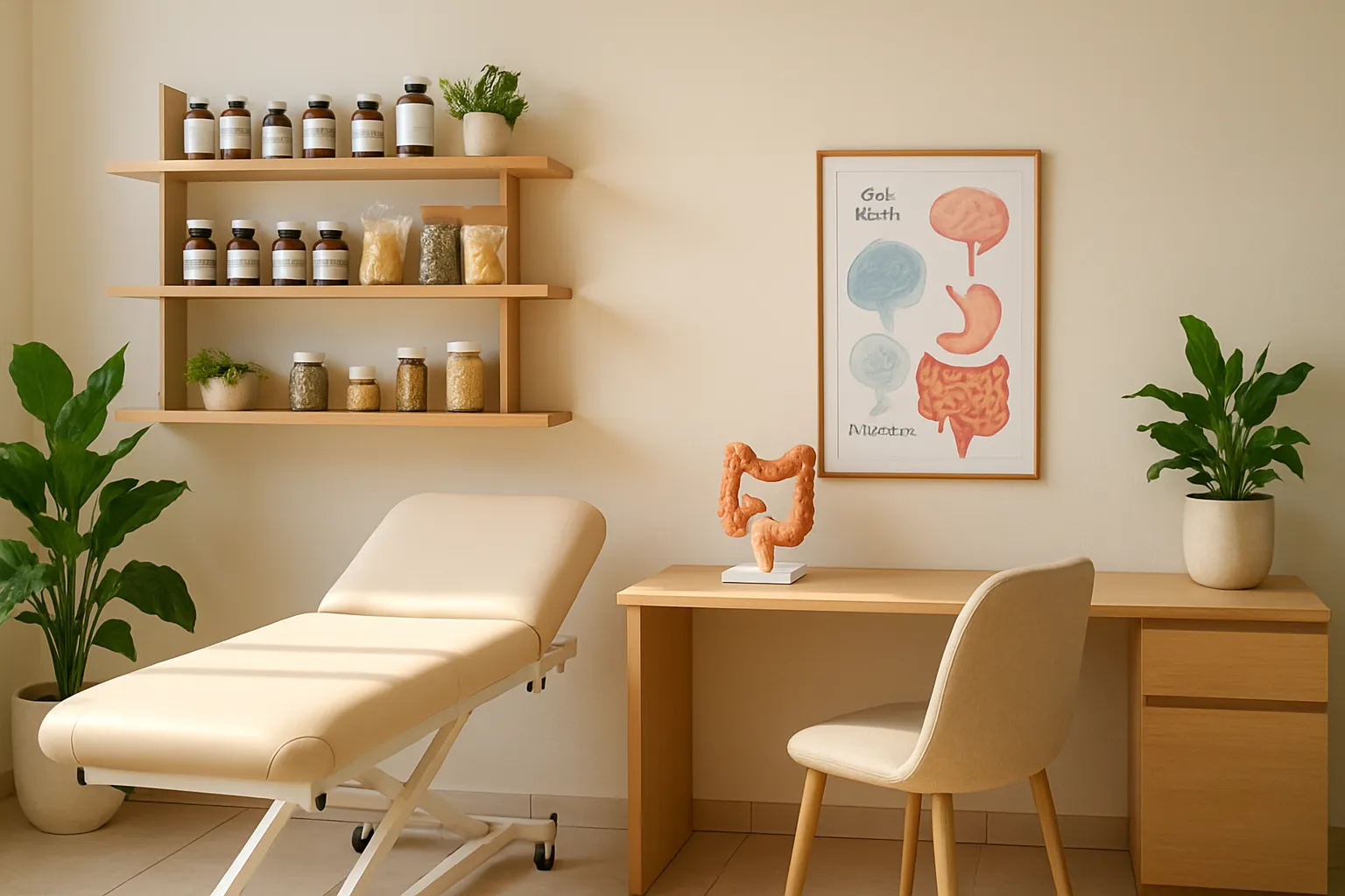 Sala de medicina integrativa especializada em saúde digestiva com mesa de exame, prateleiras com probióticos de qualidade e materiais educativos sobre o eixo intestino-cérebro-hormônio, ambiente acolhedor e profissional
