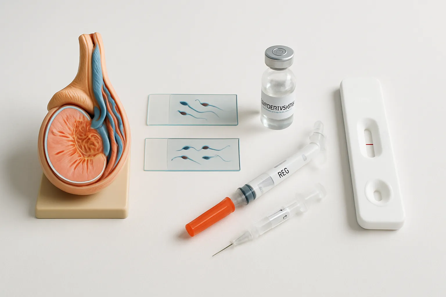 Composição médica mostrando modelo anatômico testicular, lâminas de espermatozoides e medicações para preservação da fertilidade masculina