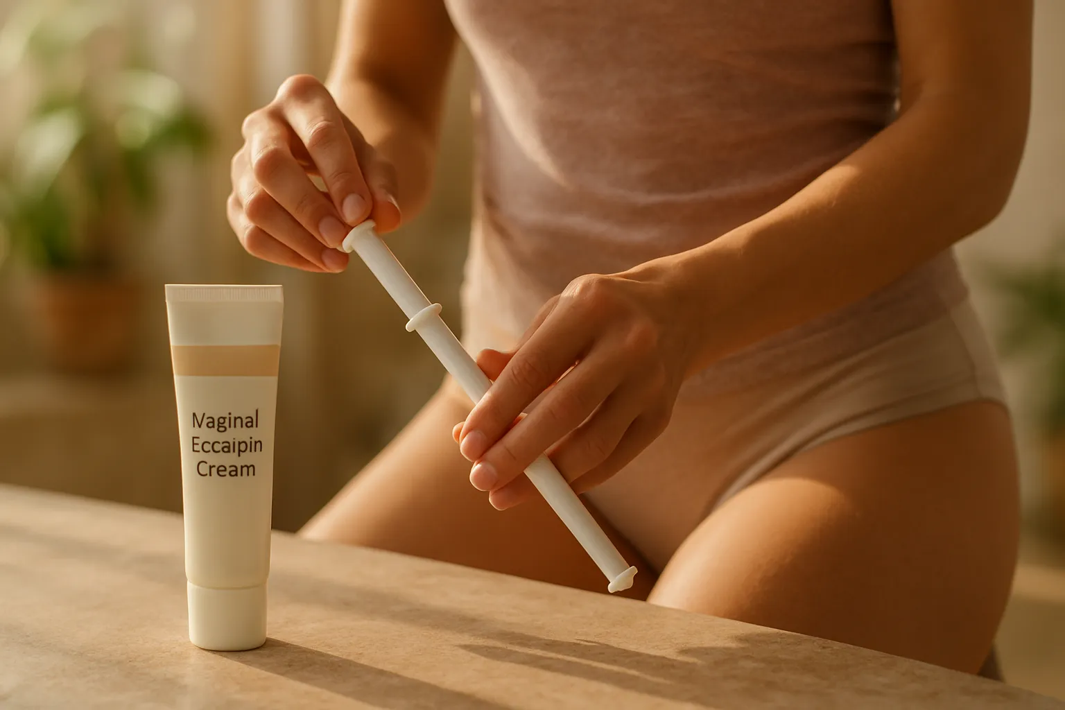 Mãos de mulher aplicando creme vaginal com estrogênio usando aplicador para tratamento de atrofia vulvovaginal e dispareunia
