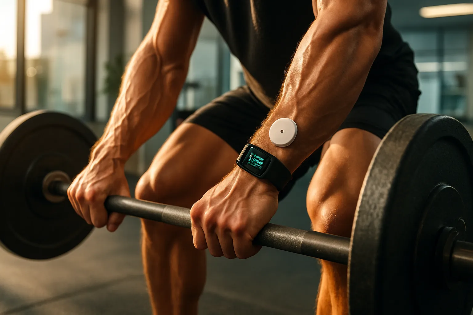 Close de mãos de atleta segurando barra com dispositivo de monitoramento de glicose e cetona visível no pulso durante avaliação de performance