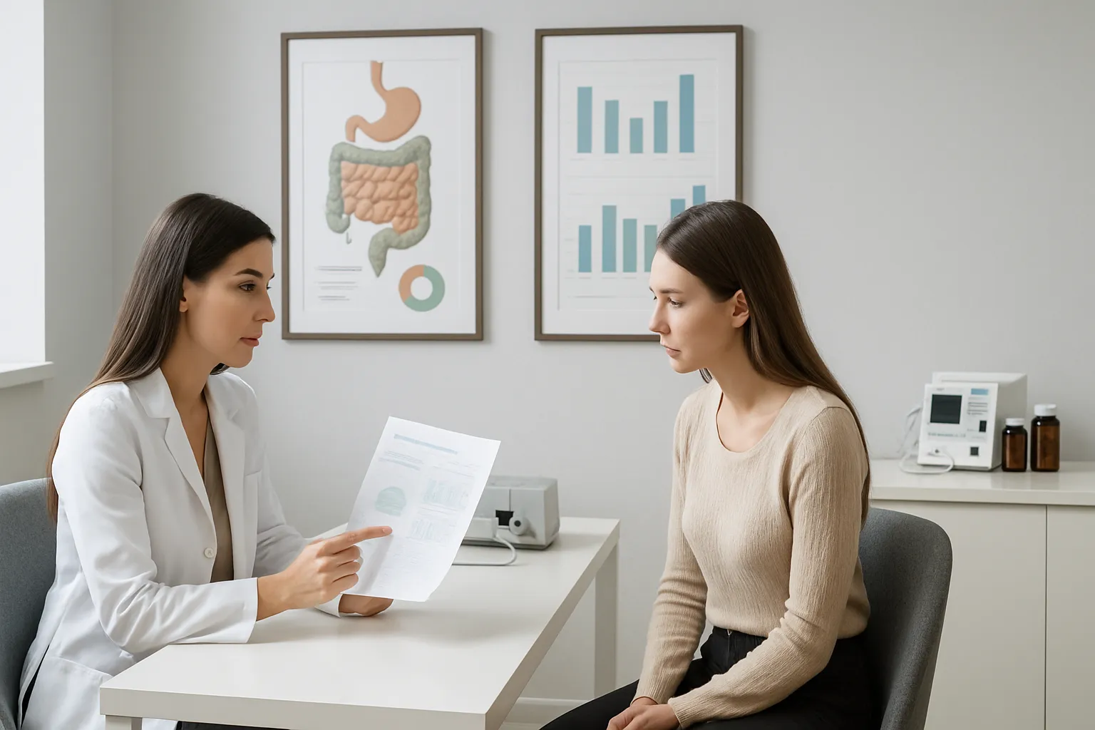 Avaliação de Motilidade Intestinal e Saúde Hormonal Sala de consulta especializada em conexão intestino-hormônios com especialista avaliando resultados de saúde digestiva e painel hormonal de paciente