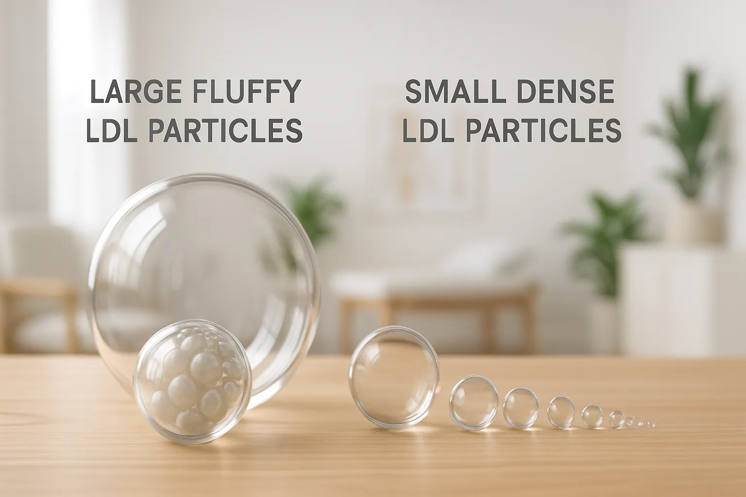 Demonstração visual comparando partículas LDL grandes e fofas versus pequenas e densas, ilustrando por que o LDL-C sozinho não conta a história completa