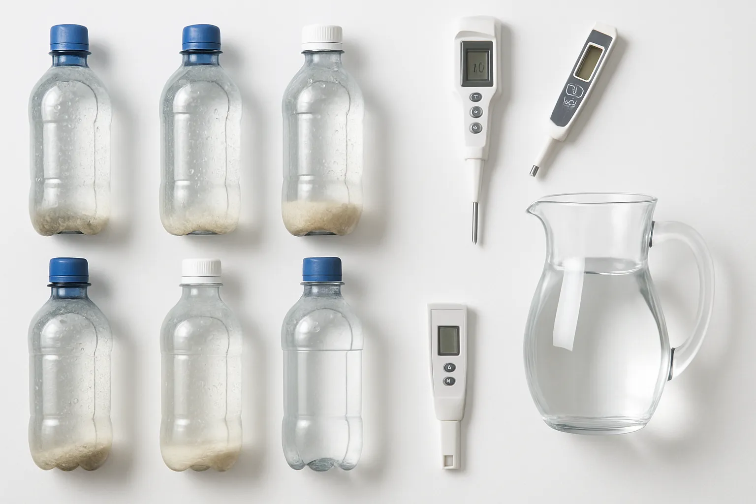 Comparação visual organizada entre garrafas de água mineral com diferentes composições minerais e jarra de água filtrada em superfície clínica