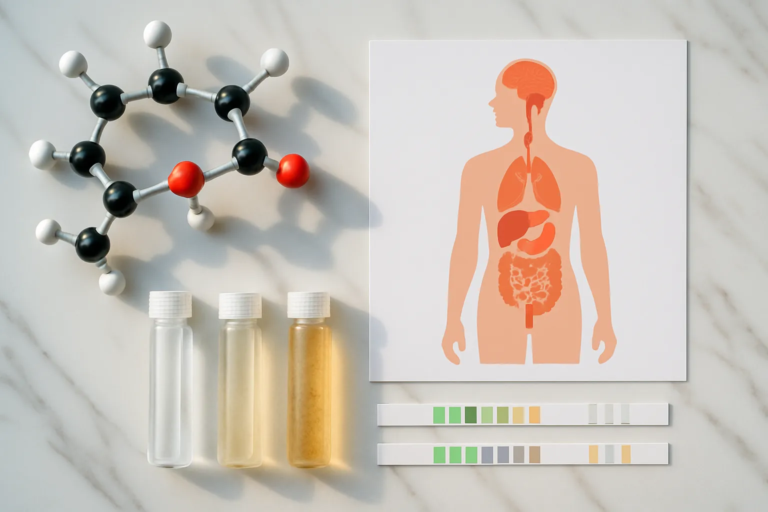 Composição visual mostrando modelos de moléculas hormonais, amostras de água e representação de contaminantes que interferem no sistema endócrino