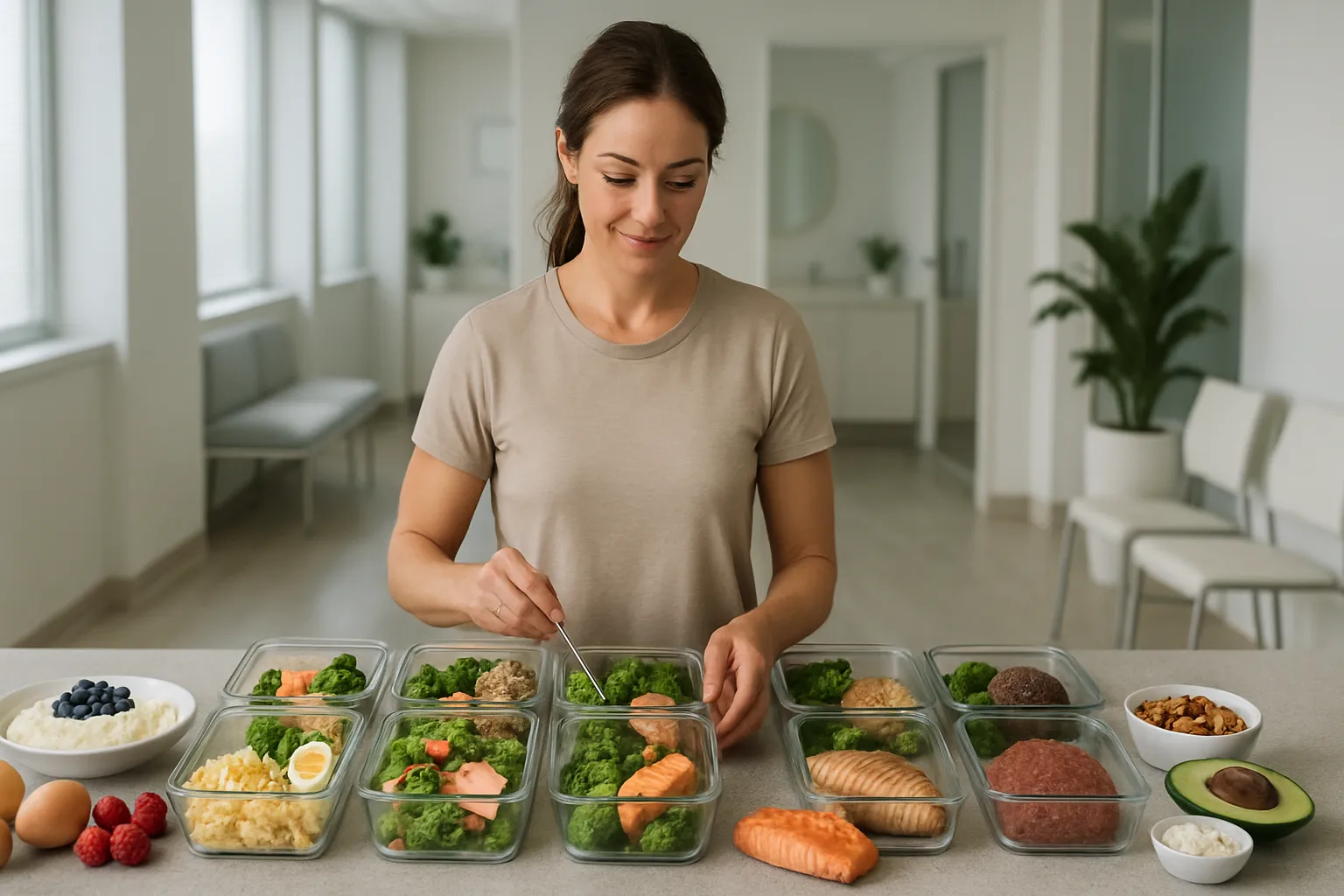Pessoa preparando refeições balanceadas com proteína distribuída ao longo do dia, mostrando a importância do total diário versus timing exato pós-treino