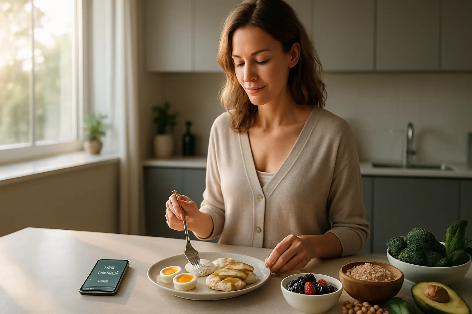 Mulher preparando café da manhã proteico pela manhã, demonstrando estratégia prática de alimentação alinhada ao ritmo biológico