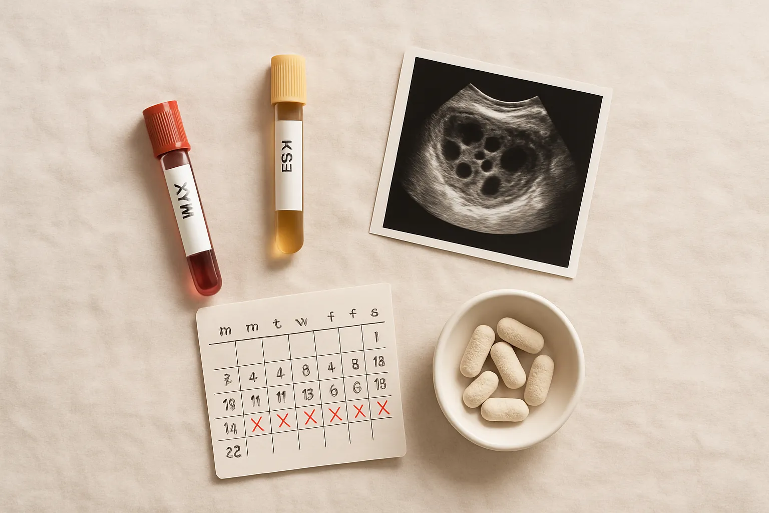 Conjunto de exames para avaliação de reserva ovariana incluindo testes de AMH, FSH e ultrassom transvaginal para contagem de folículos antrais