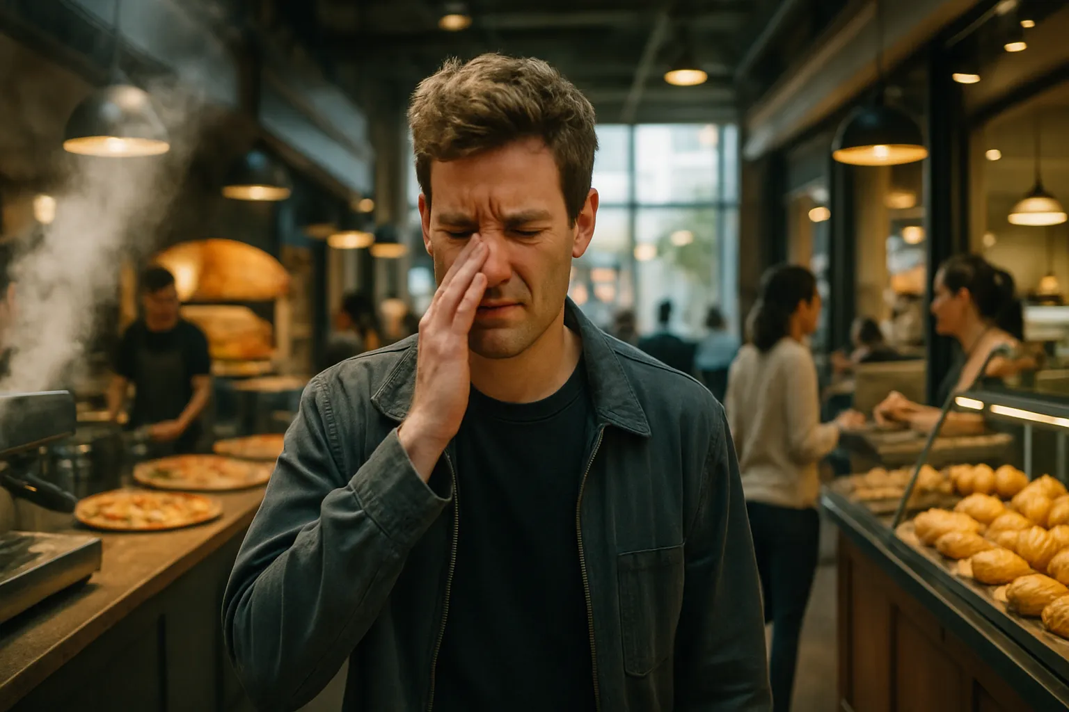 Pessoa caminhando em praça de alimentação cercada por múltiplos cheiros de comida, ilustrando bombardeio constante de gatilhos olfativos no ambiente urbano moderno