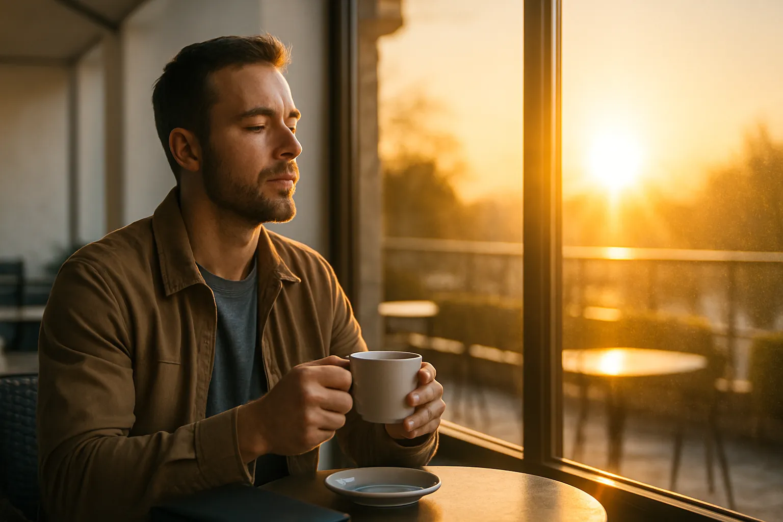 Viajante tomando café da manhã ao ar livre com exposição intensa à luz solar matinal para sincronizar ritmo circadiano após jet lag