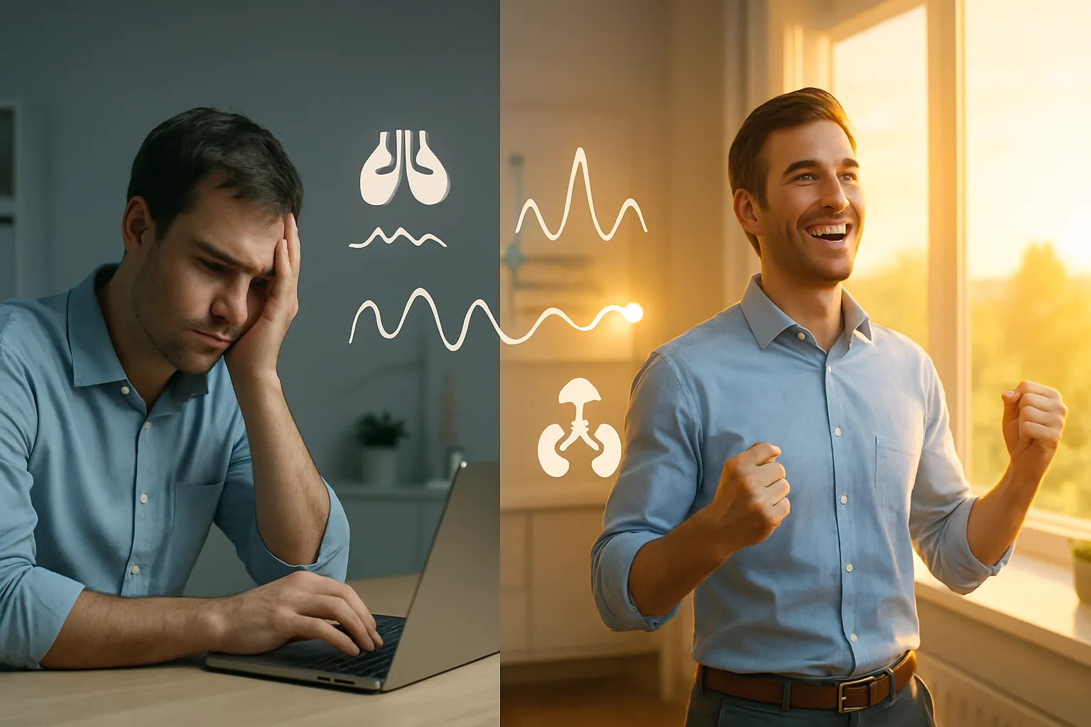 Comparação visual mostrando os efeitos da luz solar matinal versus ambiente fechado nos níveis de energia e produção hormonal masculina, ilustrando como a exposição ao sol entre 6h e 9h impacta a testosterona