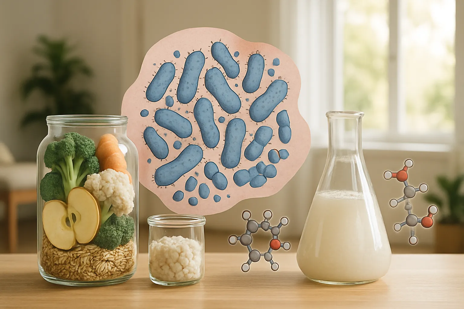 Processo de fermentação intestinal e produção de SCFA Demonstração visual do processo de fermentação de fibras prebióticas no intestino e produção de ácidos graxos de cadeia curta (SCFA)