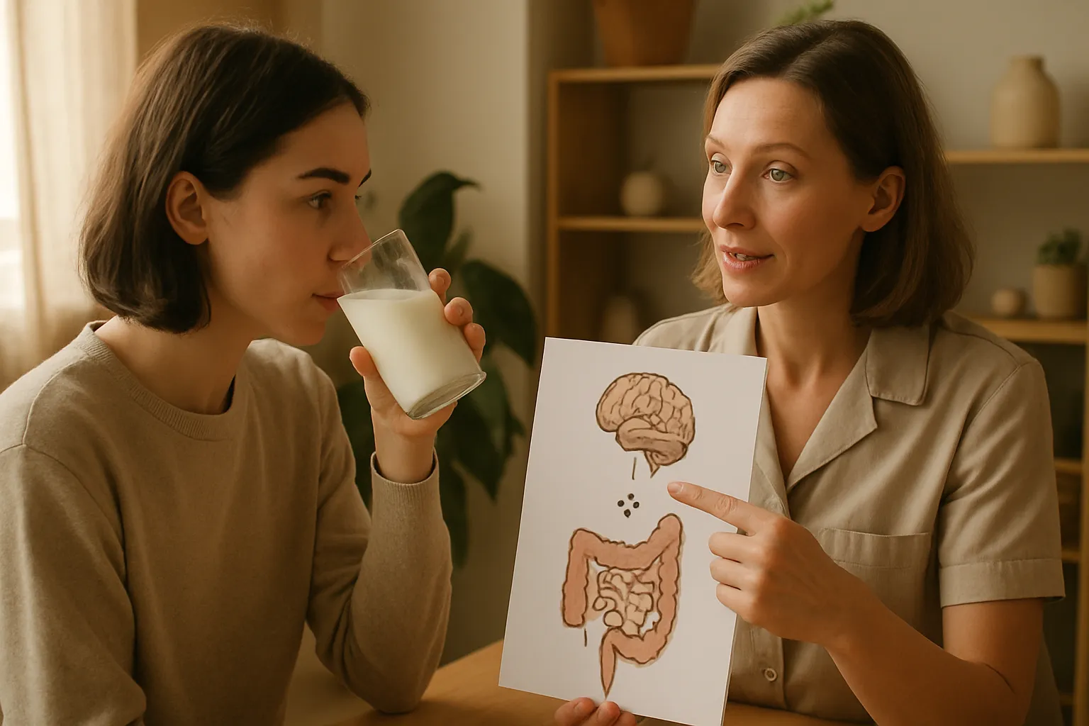 Paciente consumindo kefir caseiro enquanto especialista explica a conexão entre microbiota intestinal e produção de serotonina