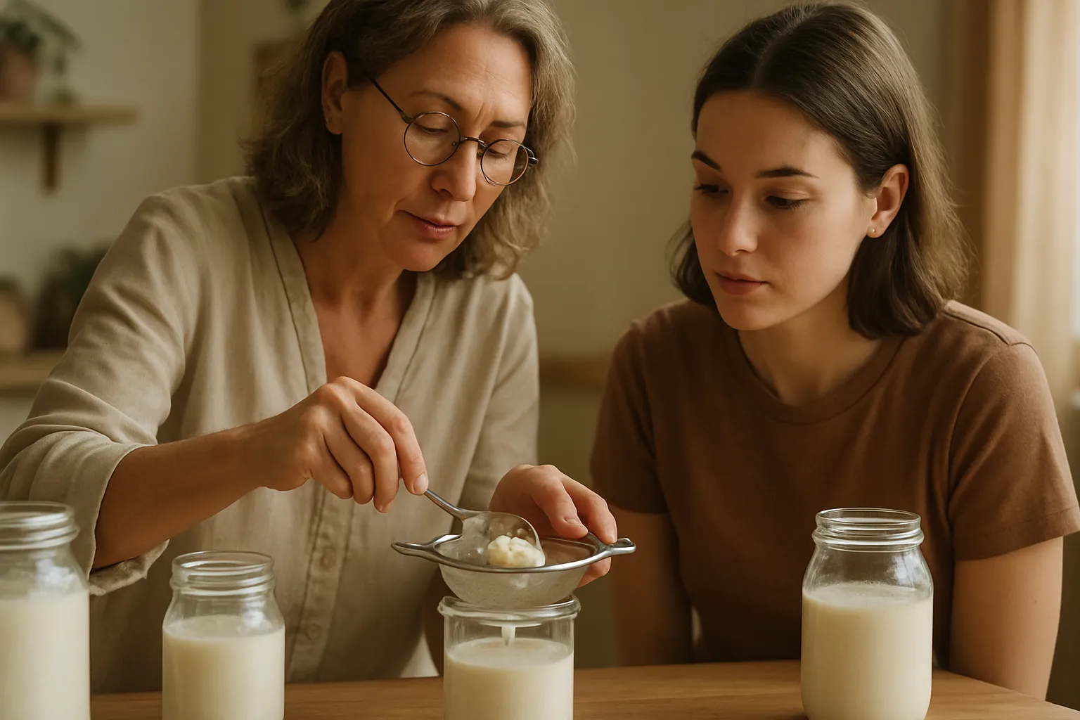 Especialista em bem-estar demonstrando técnica de fermentação de kefir enquanto paciente observa o processo prático