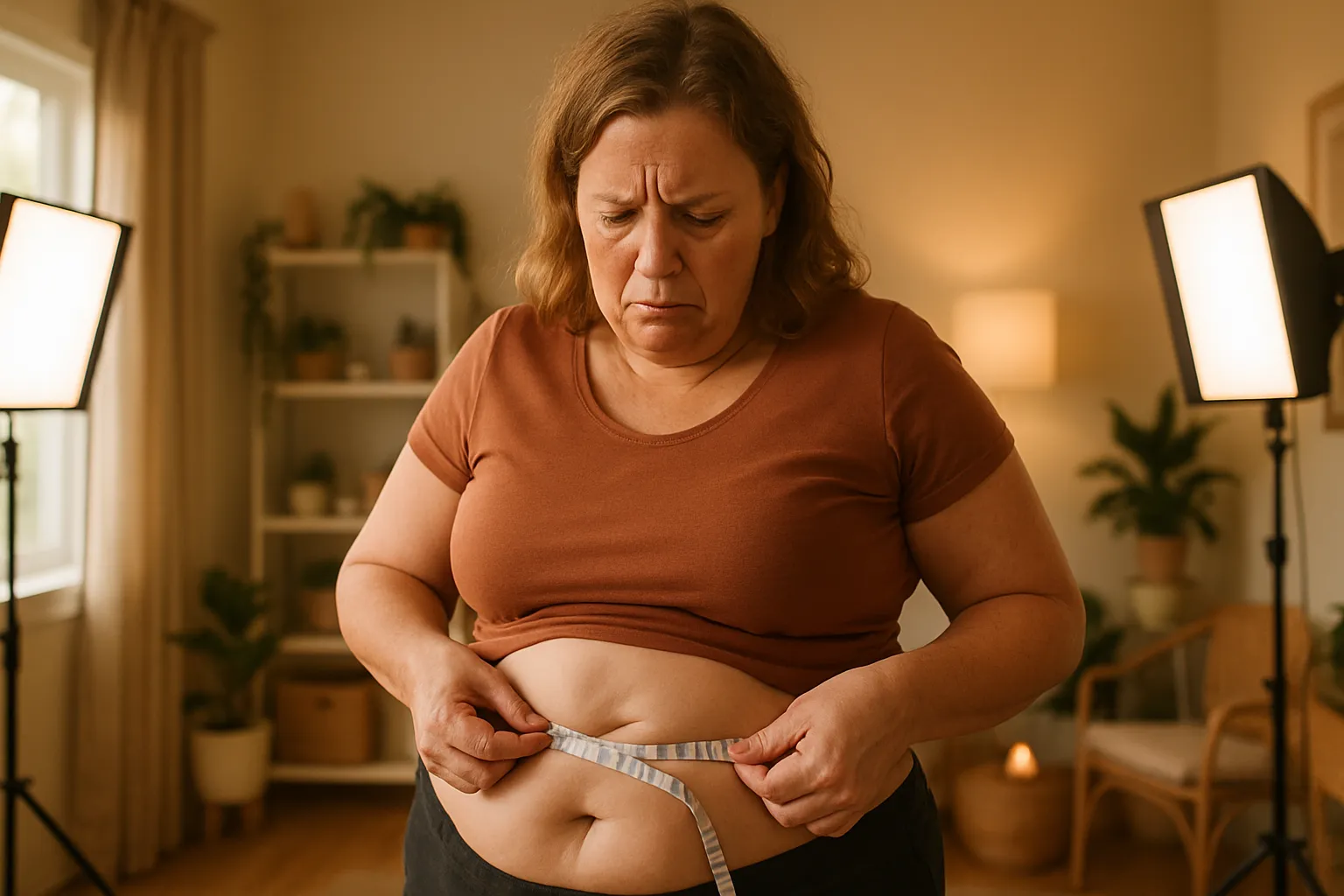 Pessoa medindo aumento de gordura abdominal com fita métrica, demonstrando ganho de peso na região do abdômen causado por cortisol cronicamente elevado