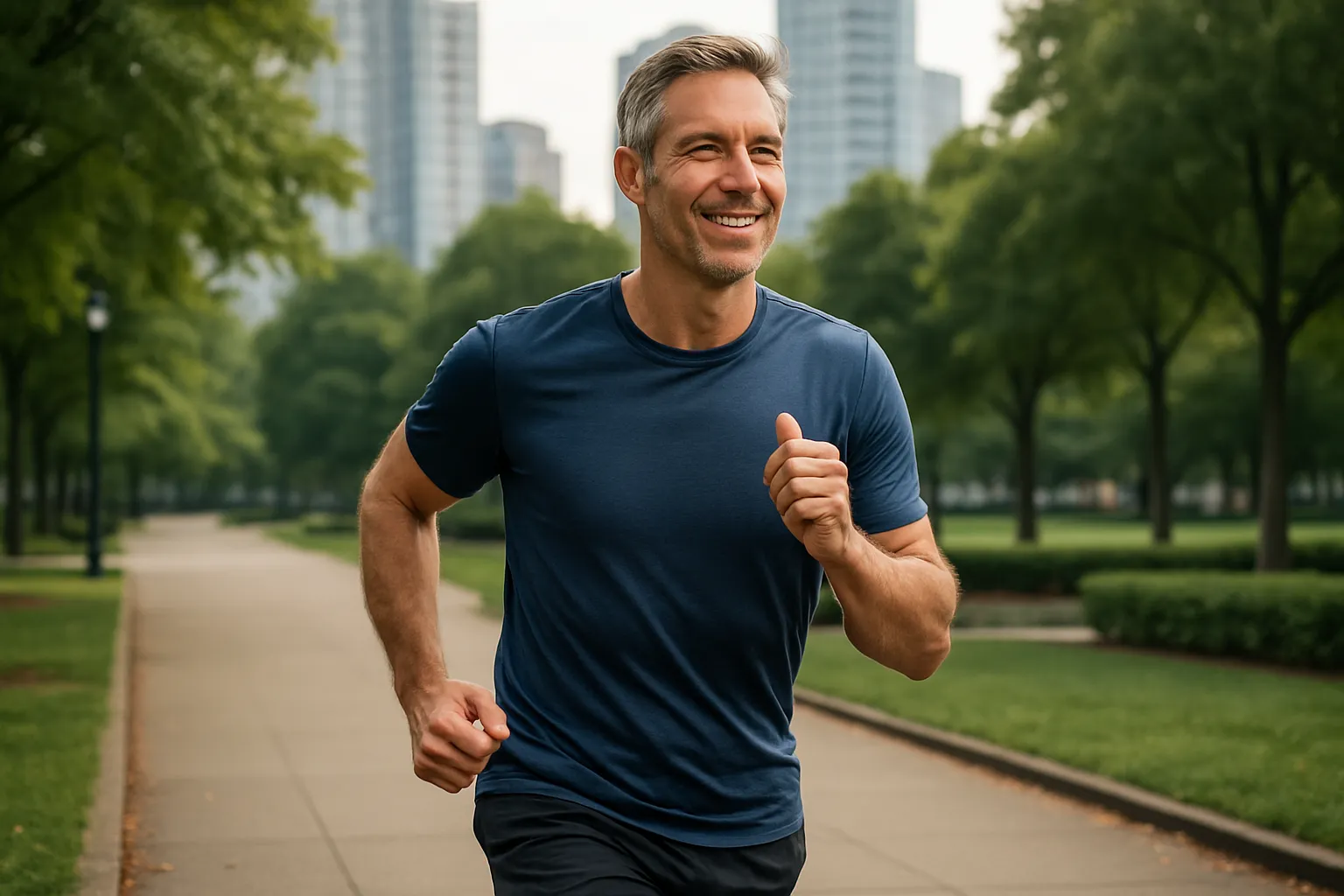 Homem de 40 anos demonstrando vitalidade e energia durante atividade física ao ar livre, refletindo os benefícios sistêmicos da circulação otimizada