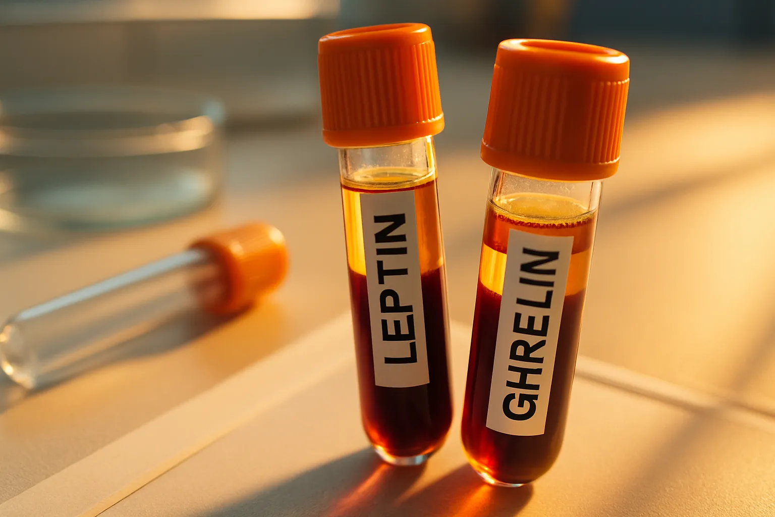 Detalhe macro de tubos de teste para hormônios leptina e grelina com amostras de soro, kit de análise de regulação do apetite em superfície de consultório moderno