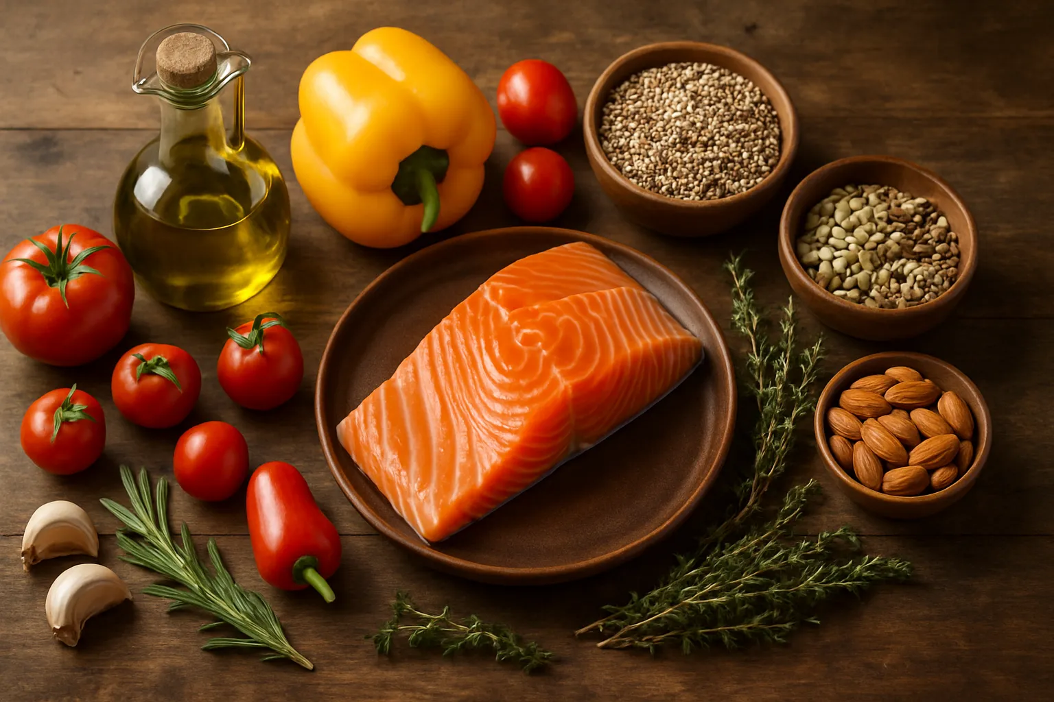 Vista superior de ingredientes anti-inflamatórios da dieta mediterrânea incluindo azeite, salmão, vegetais coloridos, ervas frescas e grãos integrais