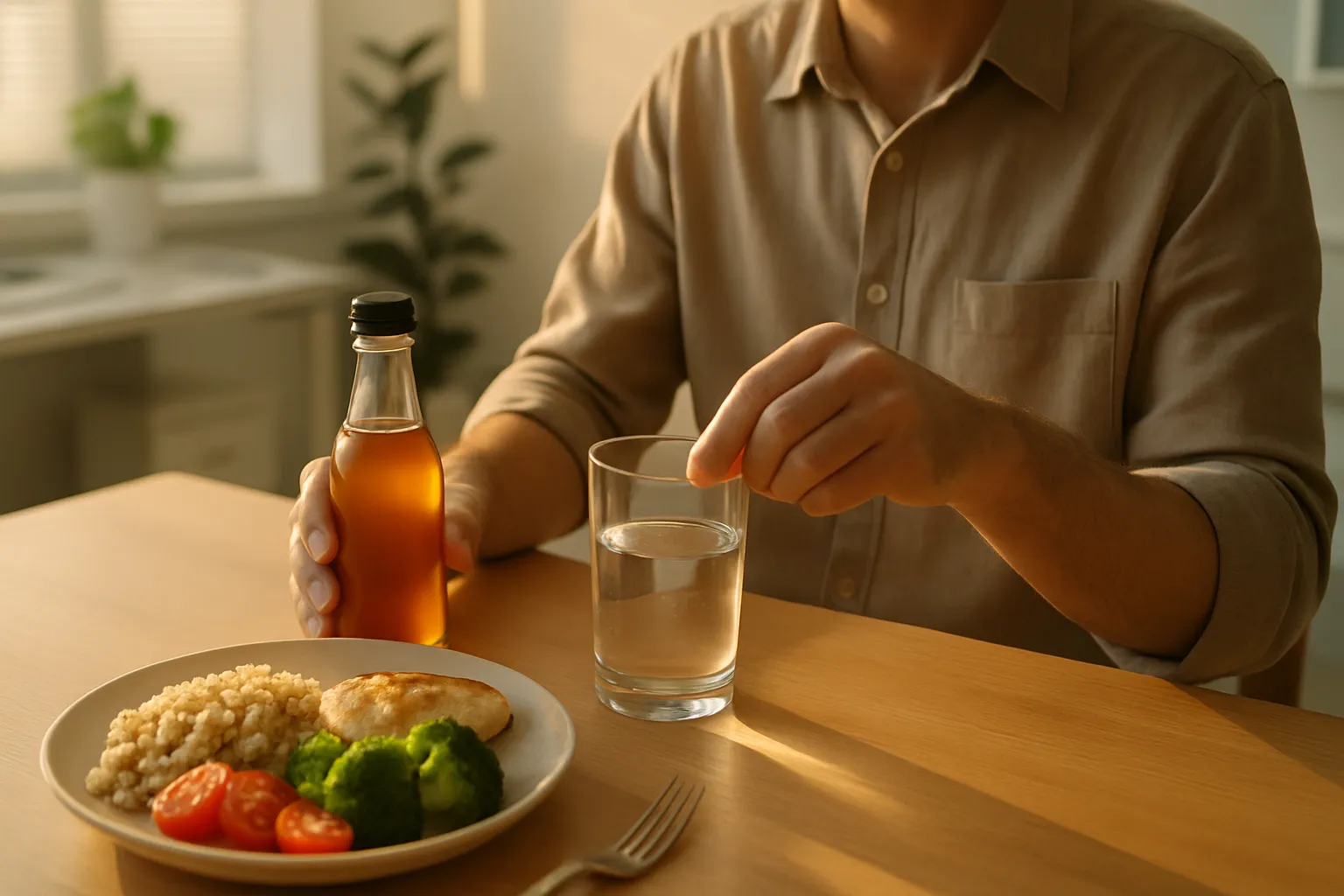 Pessoa integrando o consumo estratégico de vinagre diluído antes da refeição como parte de rotina saudável de controle glicêmico