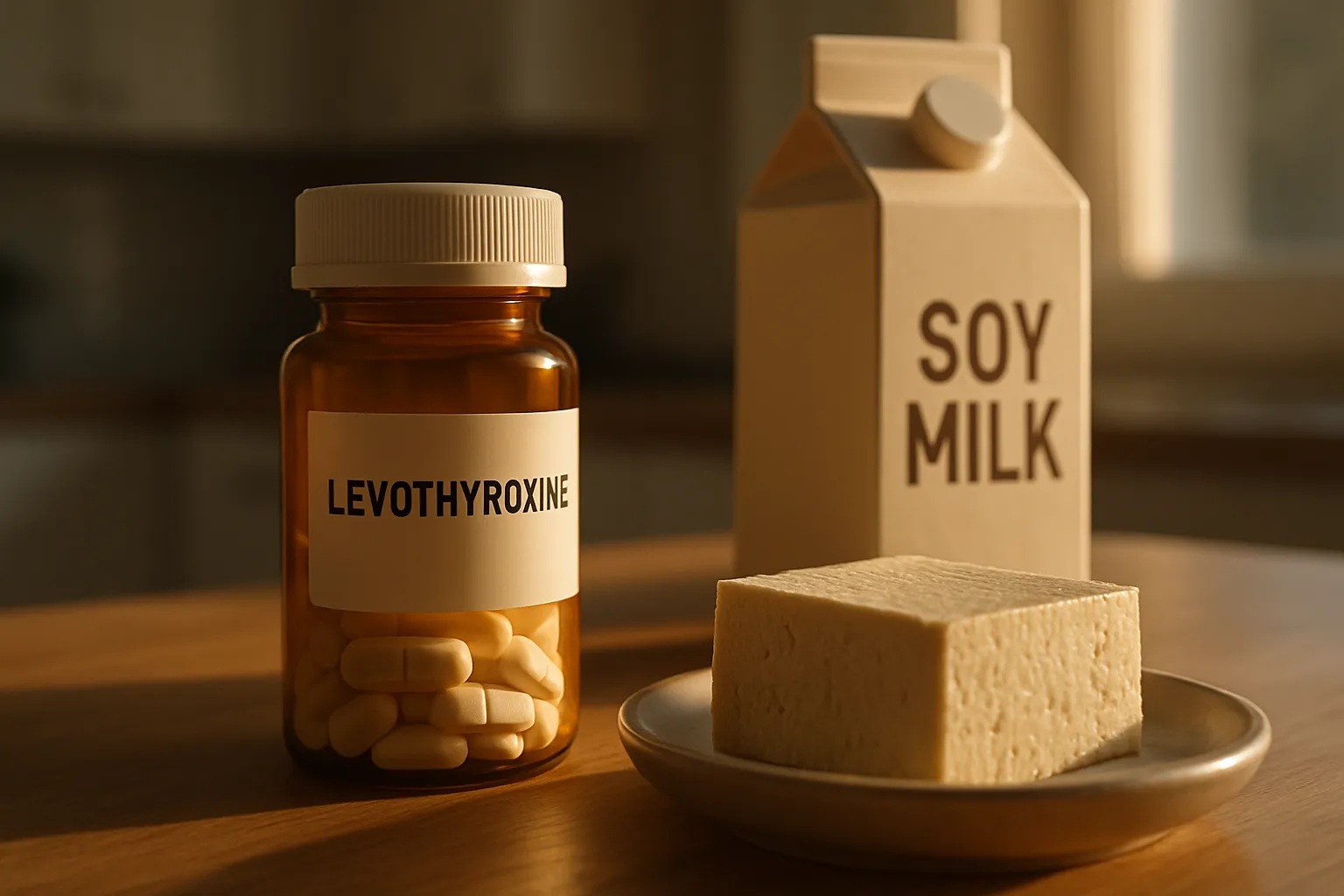 Medicação para tireoide ao lado de produtos de soja, ilustrando necessidade de atenção ao timing de consumo
