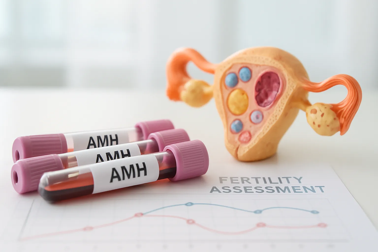 Tubos de exame de sangue para teste de AMH com modelo anatômico de folículos ovarianos representando avaliação de reserva ovariana