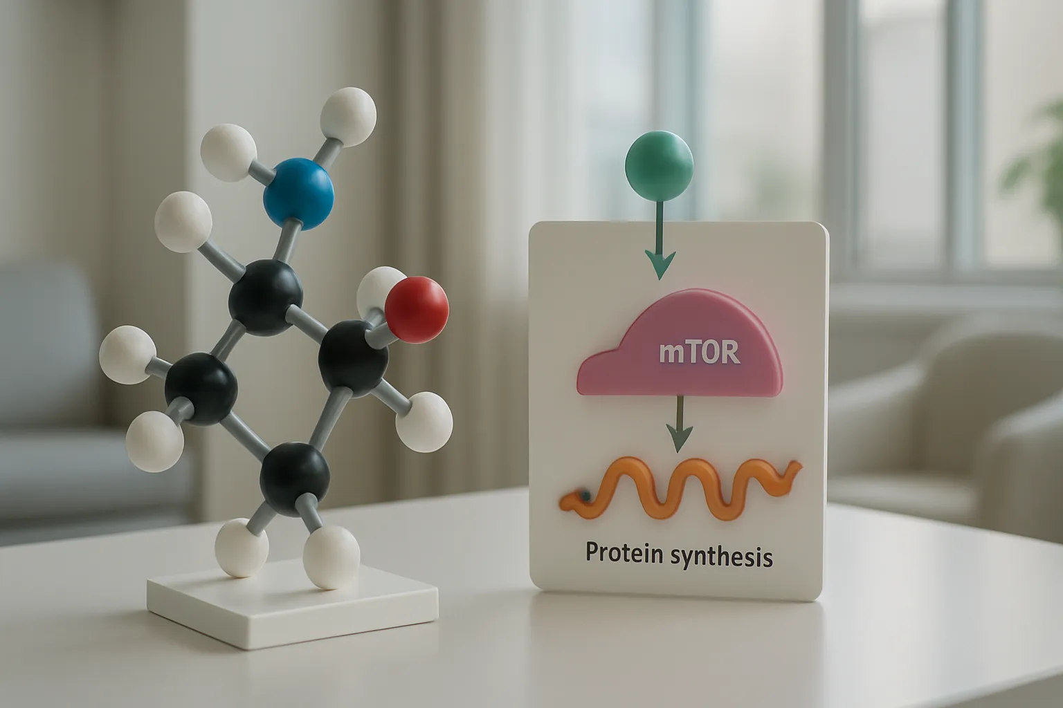Modelo molecular educacional da leucina mostrando sua estrutura como aminoácido essencial que ativa a via mTOR e estimula a síntese proteica muscular