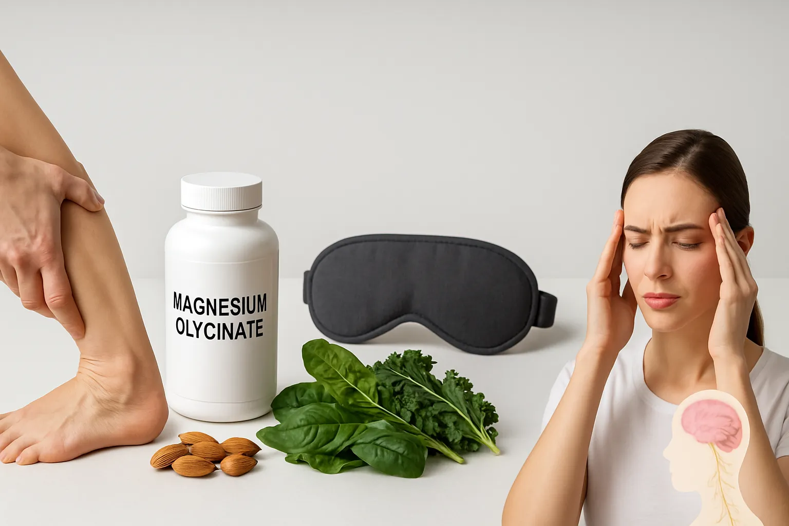 Demonstração educativa dos sintomas de deficiência de magnésio incluindo cãibras musculares, insônia e enxaquecas, com suplementos e fontes naturais