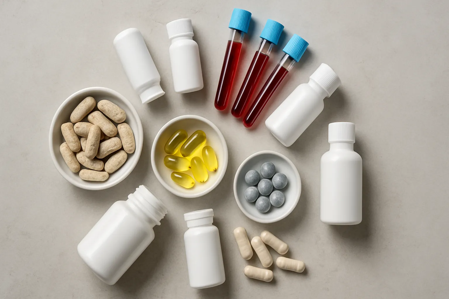 Visualização dos Mecanismos de Desregulação Hormonal no SIBO Composição flat lay de suplementos para saúde intestinal, tubos de teste para deficiências nutricionais e probióticos relacionados ao tratamento de SIBO e equilíbrio hormonal