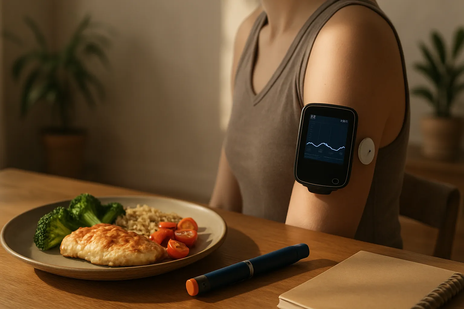 Monitor de glicose contínua mostrando curva glicêmica noturna com refeição balanceada e ferramentas de controle metabólico