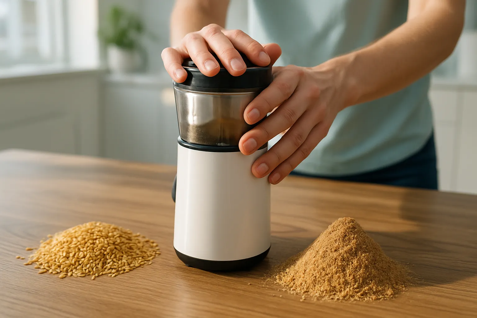 Mãos femininas moendo sementes de linhaça em moedor elétrico, comparando grãos inteiros com pó recém-moído