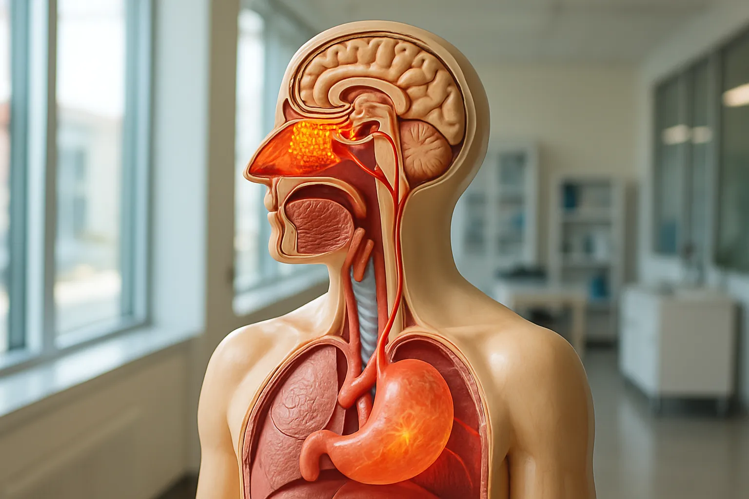 Modelo anatômico educativo mostrando sistema olfativo conectado ao estômago e cérebro, demonstrando via de liberação do hormônio grelina em resposta a cheiros