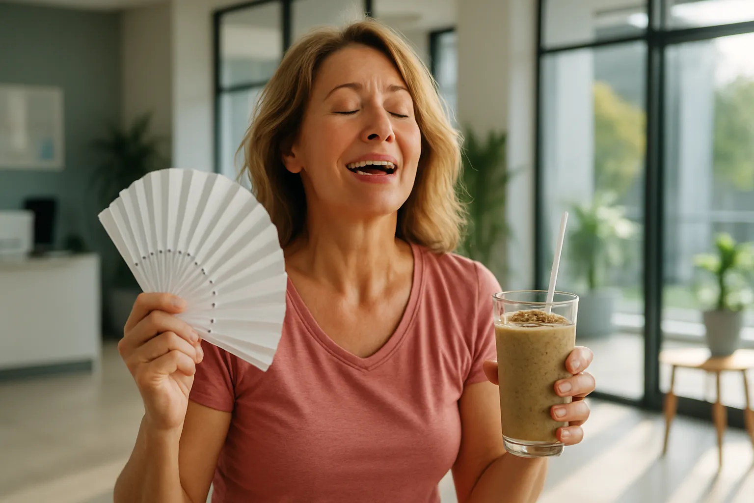 Mulher na perimenopausa se abanando enquanto bebe smoothie com linhaça, demonstrando alívio de ondas de calor