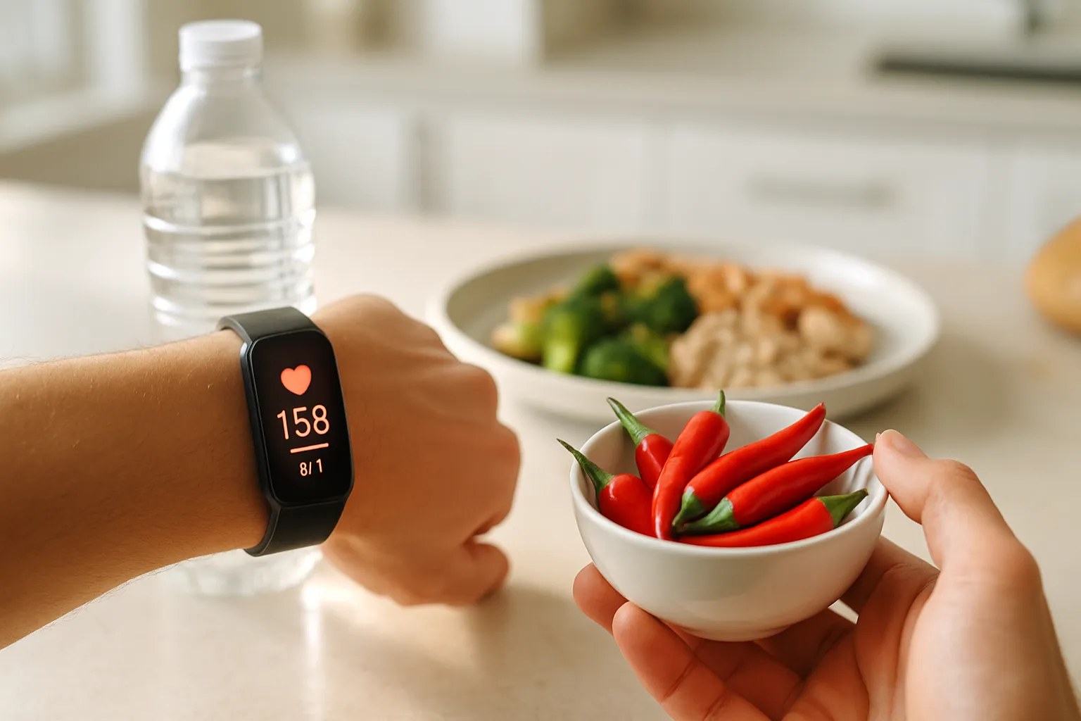 Monitoramento de frequência cardíaca elevada e queima calórica após consumo de pimenta com capsaicina, demonstrando o processo de termogênese em ação