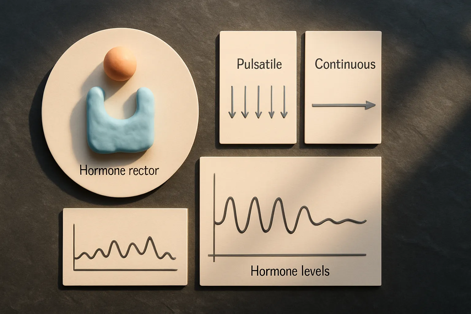 Composição flat lay mostrando modelo de receptores celulares demonstrando mecanismo de ligação hormonal, comparação entre sistemas de entrega hormonal pulsátil versus contínua, e gráfico de flutuação de níveis hormonais em padrões de onda versus linha reta