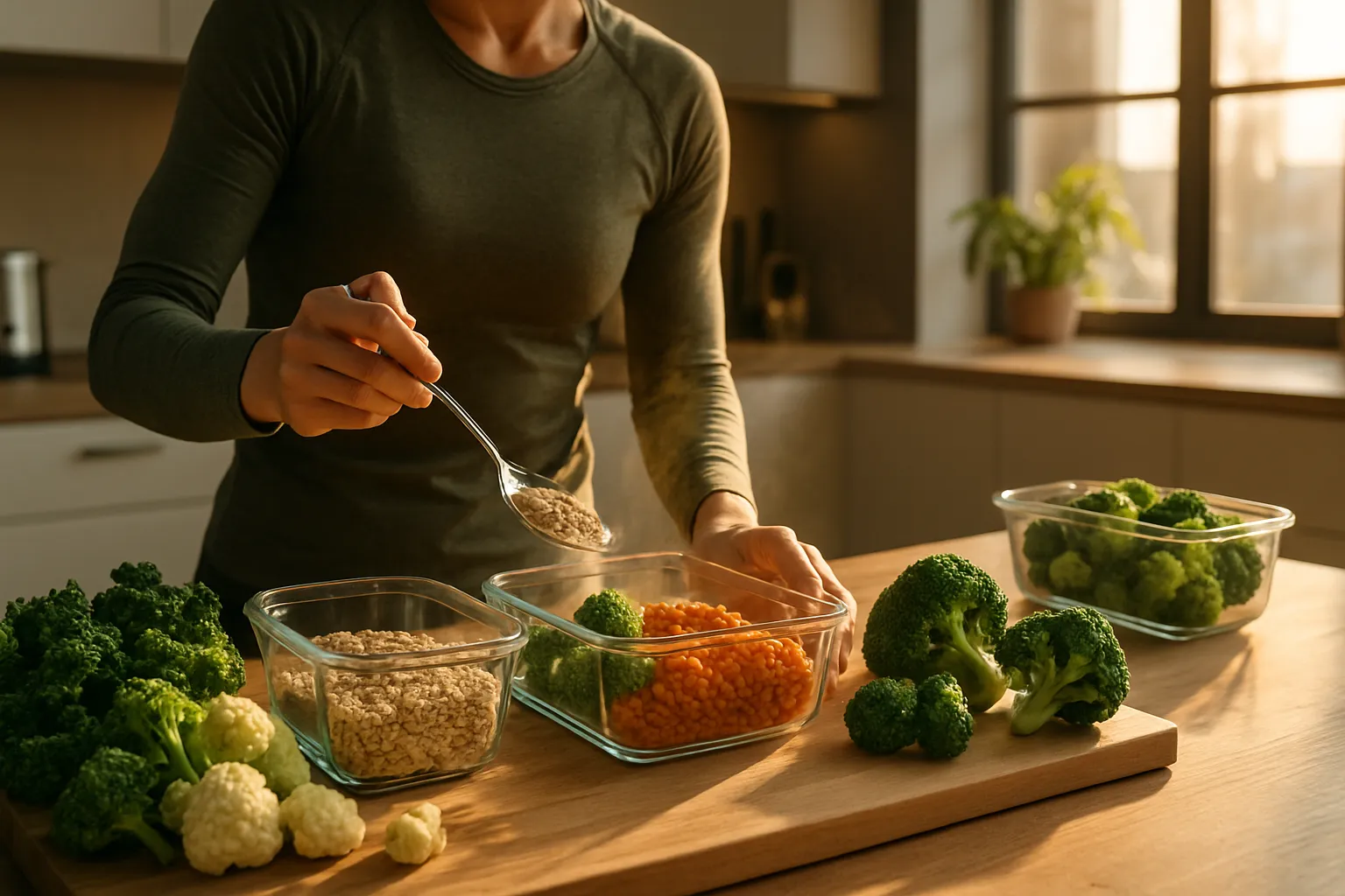 Pessoa preparando refeição com alimentos ricos em fibras solúveis como aveia, lentilhas e vegetais crucíferos para aumentar GLP-1 naturalmente
