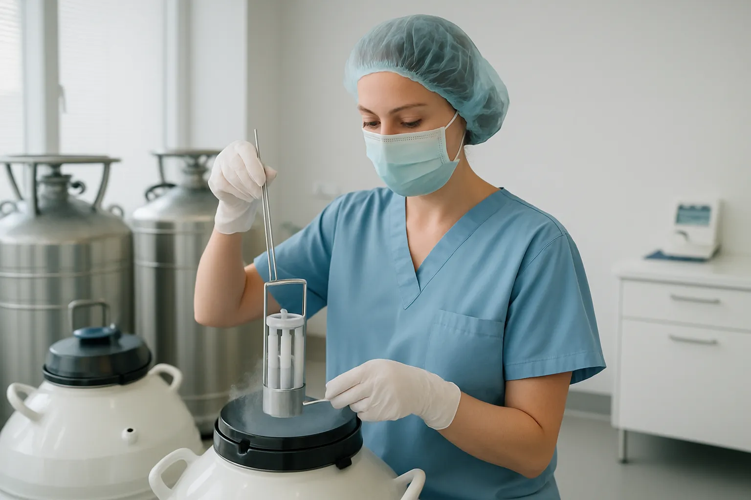 Especialista em fertilidade preparando equipamento de criopreservação para congelamento de óvulos em clínica de reprodução assistida