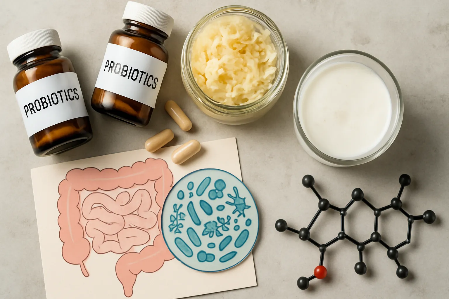 Composição organizada de suplementos probióticos, alimentos fermentados como kefir e chucrute, e representação visual da microbiota intestinal mostrando a conexão entre bactérias benéficas e metabolismo hormonal